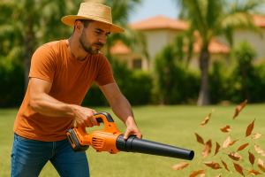 Uomo che utilizza un soffiatore a batteria per foglie in giardino