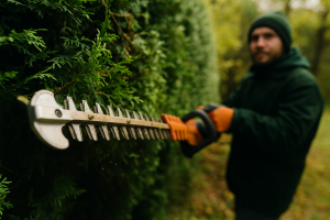 Uomo che utilizza un tagliasiepi elettrico in giardino – Recensione BestToolsReview.com