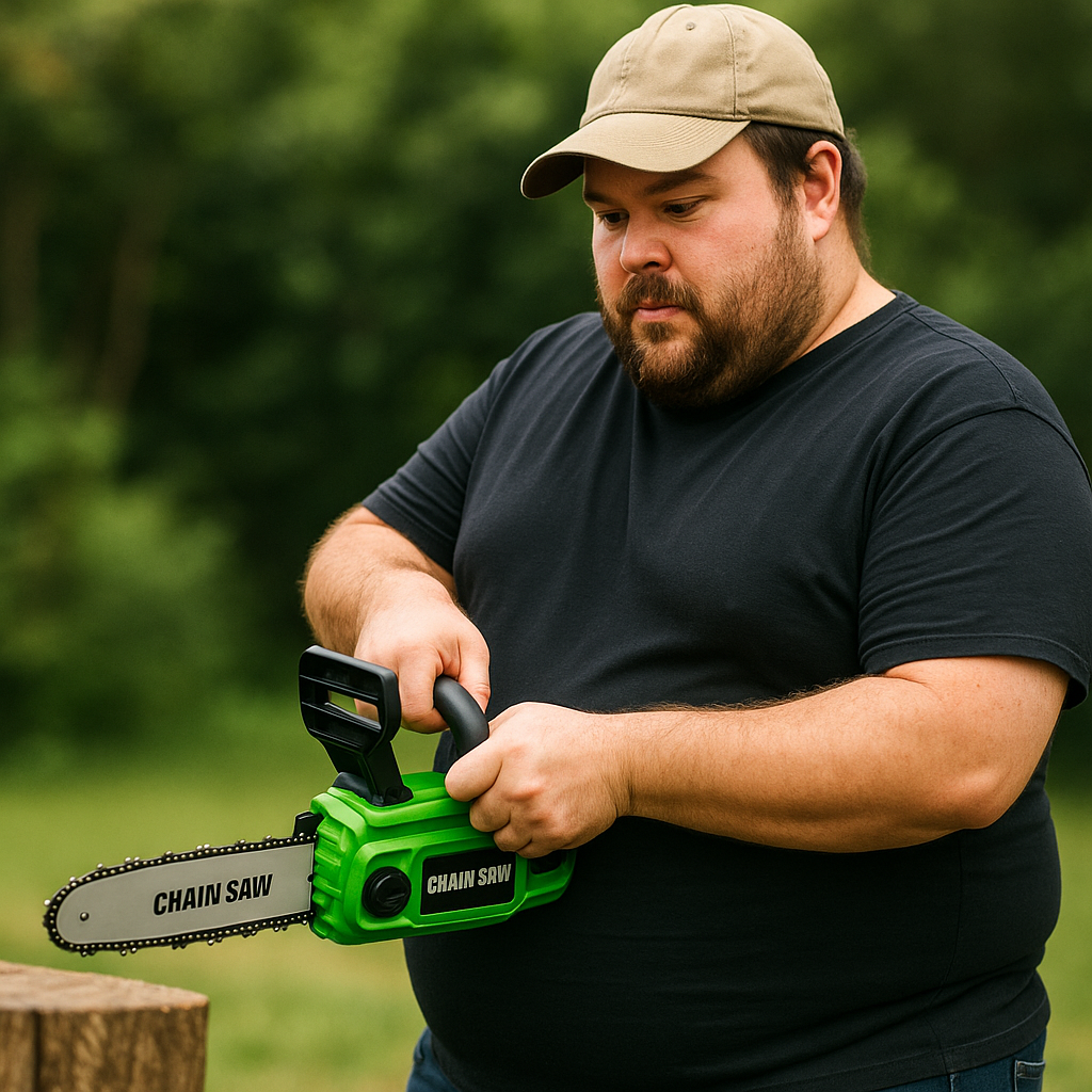Motosega elettrica in uso da uomo con corporatura robusta – ideale per giardinaggio e fai da te