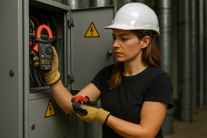 Tecnica elettricista con casco e guanti che utilizza una pinza amperometrica digitale su un quadro elettrico industriale