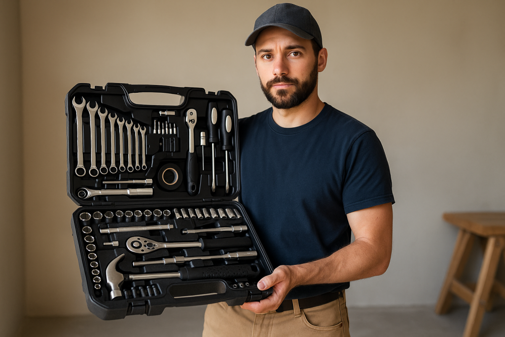Uomo che tiene aperto un kit di attrezzi completo con chiavi, cacciaviti e martello, ideale per lavori in casa e garage.