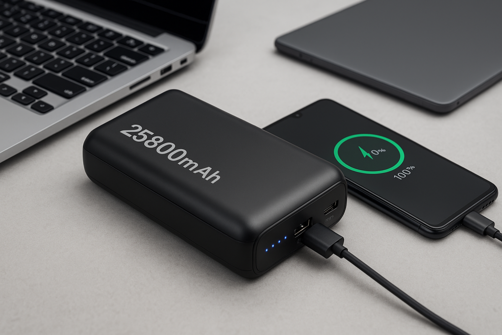 Power bank ad alta capacità da 25800 mAh collegato a smartphone e laptop – Migliori modelli 2025