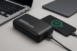 Power bank ad alta capacità da 25800 mAh collegato a smartphone e laptop – Migliori modelli 2025
