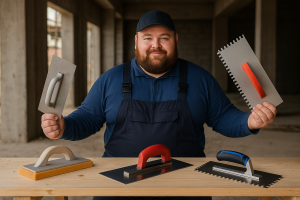 Uomo robusto in cantiere con frattazzi professionali su banco da lavoro