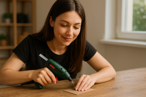 Donna che utilizza una pistola a colla senza fili