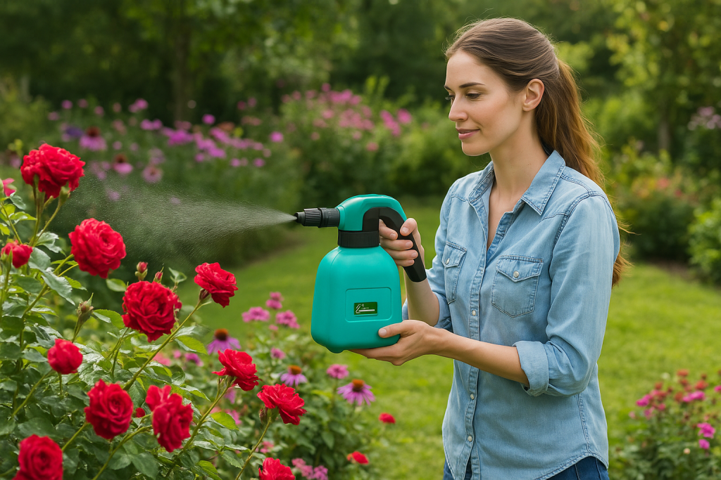 Donna sorridente che utilizza un nebulizzatore elettrico in un giardino curato e fiorito.